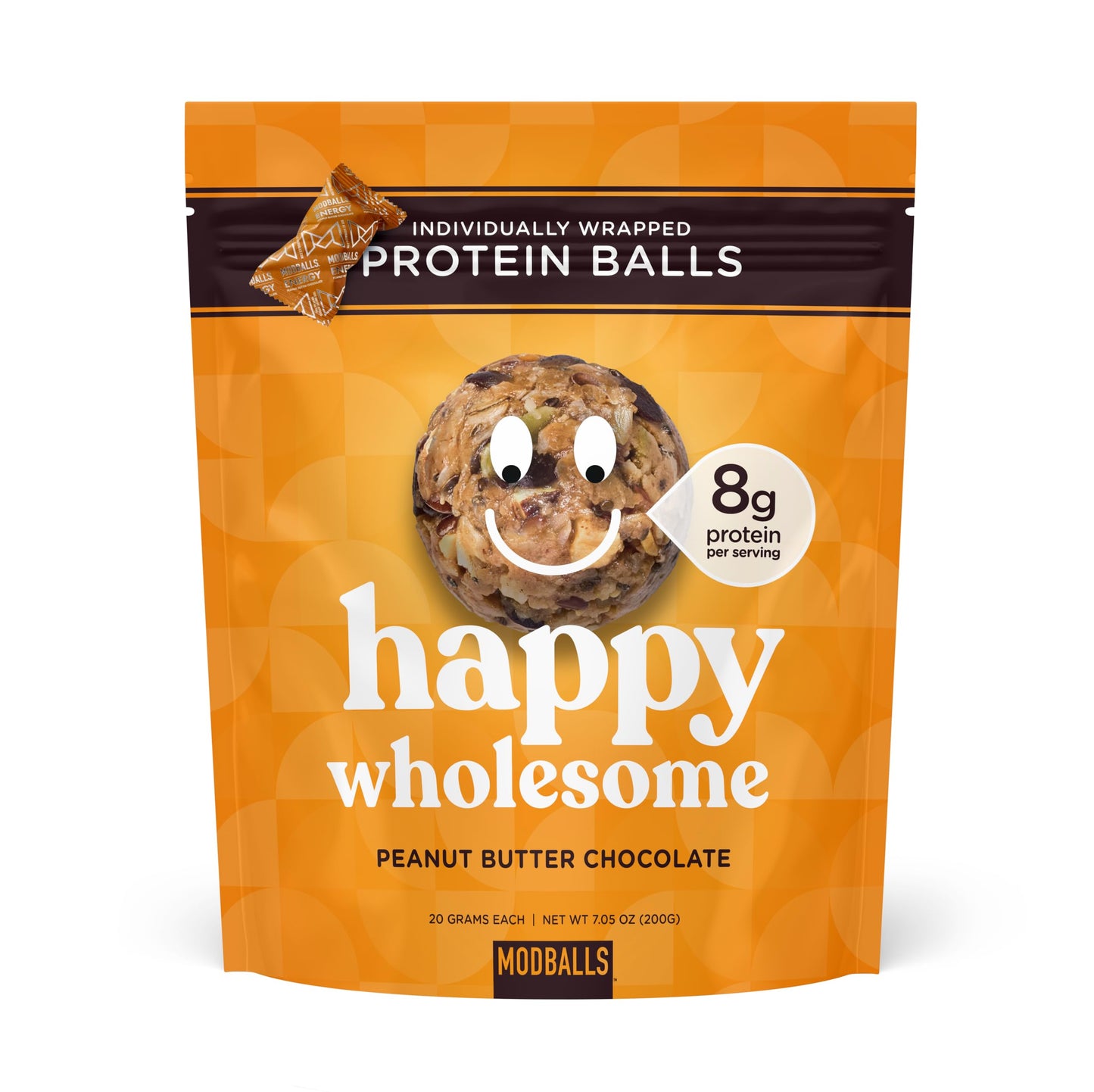 Happy Wholesome Peanut Butter Chocolate Chip Protein Balls, 10 Count, 7.05oz Bag, 8g Protein per Serving, Individually Wrapped, Gluten Free Snack