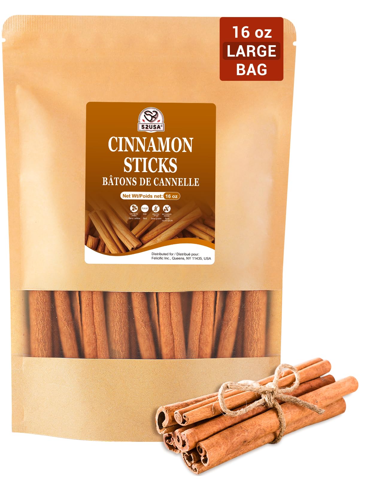 52USA Cinnamon Sticks, Cinnamon 16 oz (453g), Whole Cinnamon Sticks, 100% Raw, Kosher Certified, Gluten Free, Pure & Fresh Cinnamon, Perfect for