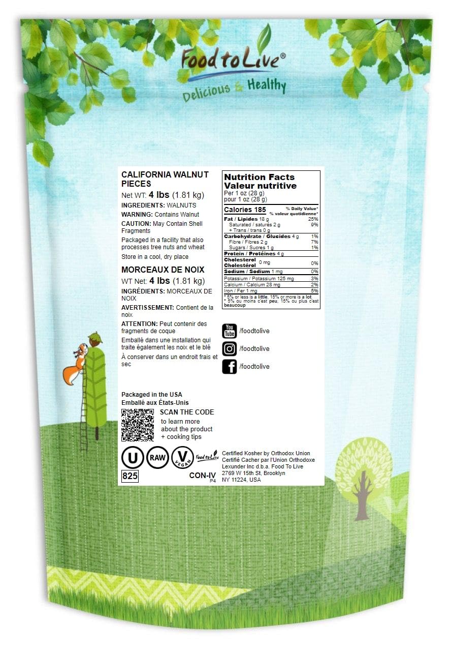 Food to Live California Walnut Pieces, 4 Pounds - Chopped Nuts, Shelled, Raw, Unsalted, Vegan, Bulk. Keto Snack. Good Source of Protein, Iron. Great