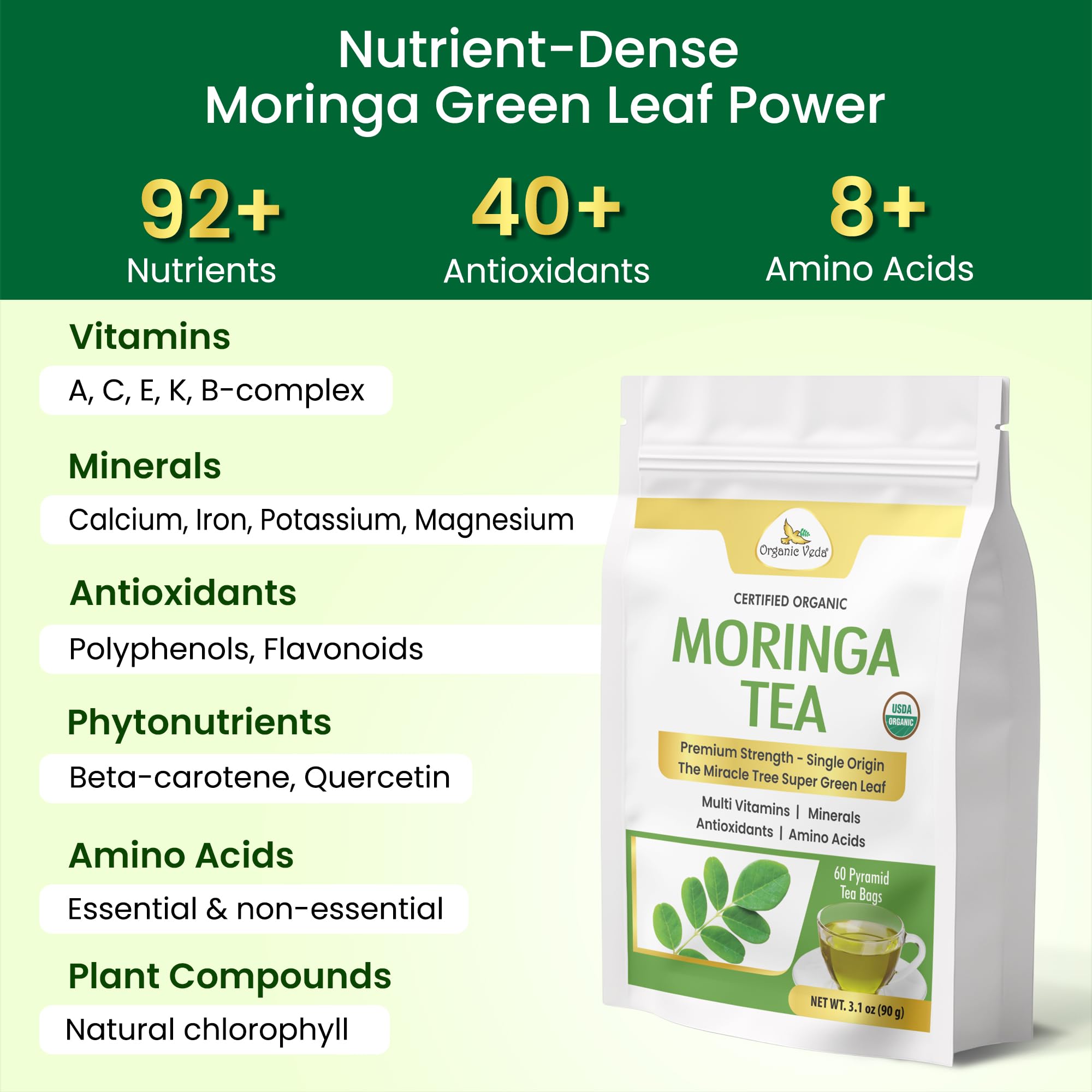 Organic Veda Moringa Tea 60 Pyramid Bags - True Green Single Origin USDA Organic Moringa Leaf Tea - cleanse, digest, metabolism, energy - Premium