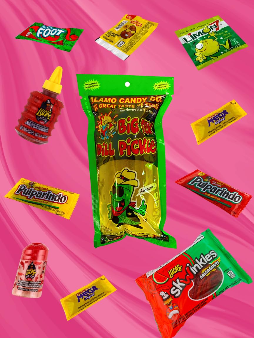 Alamo Dill Pickle Kit, Make Your Own Chamoy Kit, Make the Famous TikTok Trend, Includes Original Alamo Dill Pickle, Chamoy Sauce, Chips, Baby Lucas