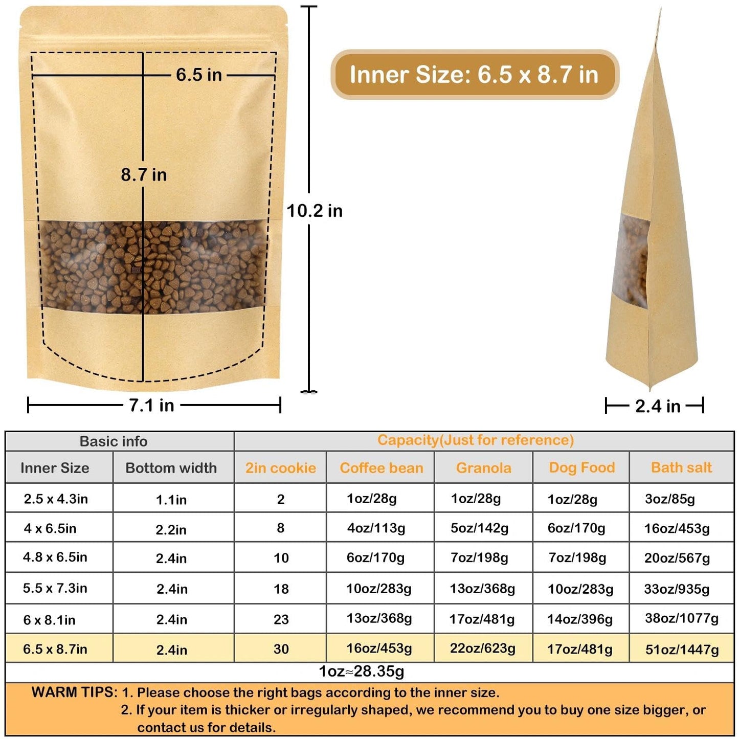 Blisstime Stand Up Pouches, 50 Pack Kraft Paper Bags with Matte Window and Tear Notch Resealable Bags for Small Business Home Use (6.5 x 8.7 Inches)