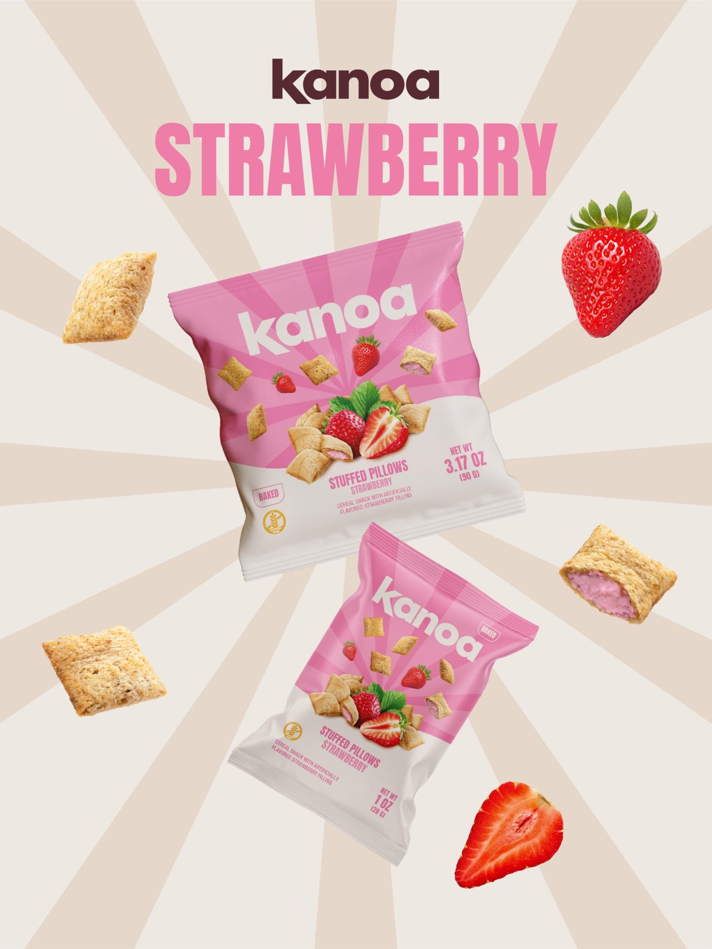 Kanoa Filled Cereal Snacks - 3.17 oz Bags (Pack of 14) - Gluten Free Cereal Pillows Snack (Strawberry)