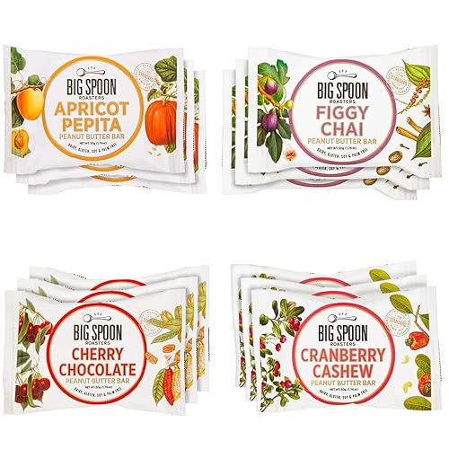Big Spoon Roasters Nut Butter Bars Pack Cherry Pecan, Apricot Pepita, Cranberry Cashew & Figgy Chai High Protein Bars Variety Pack with Non GMO Pea