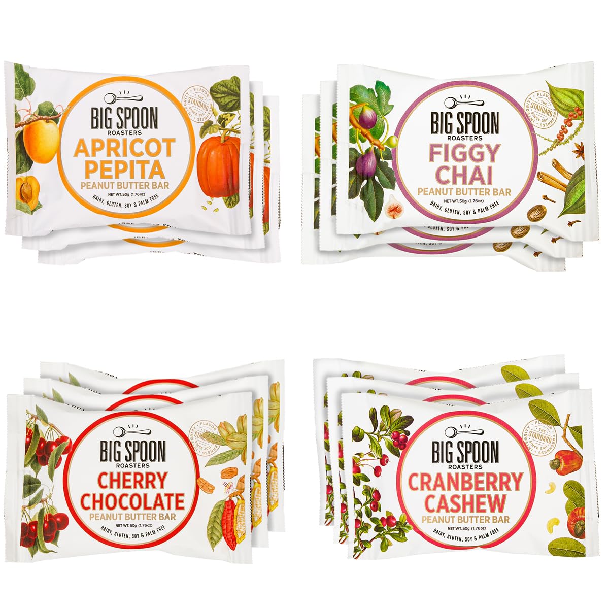 Big Spoon Roasters Nut Butter Bars Pack Cherry Pecan, Apricot Pepita, Cranberry Cashew & Figgy Chai High Protein Bars Variety Pack with Non GMO Pea