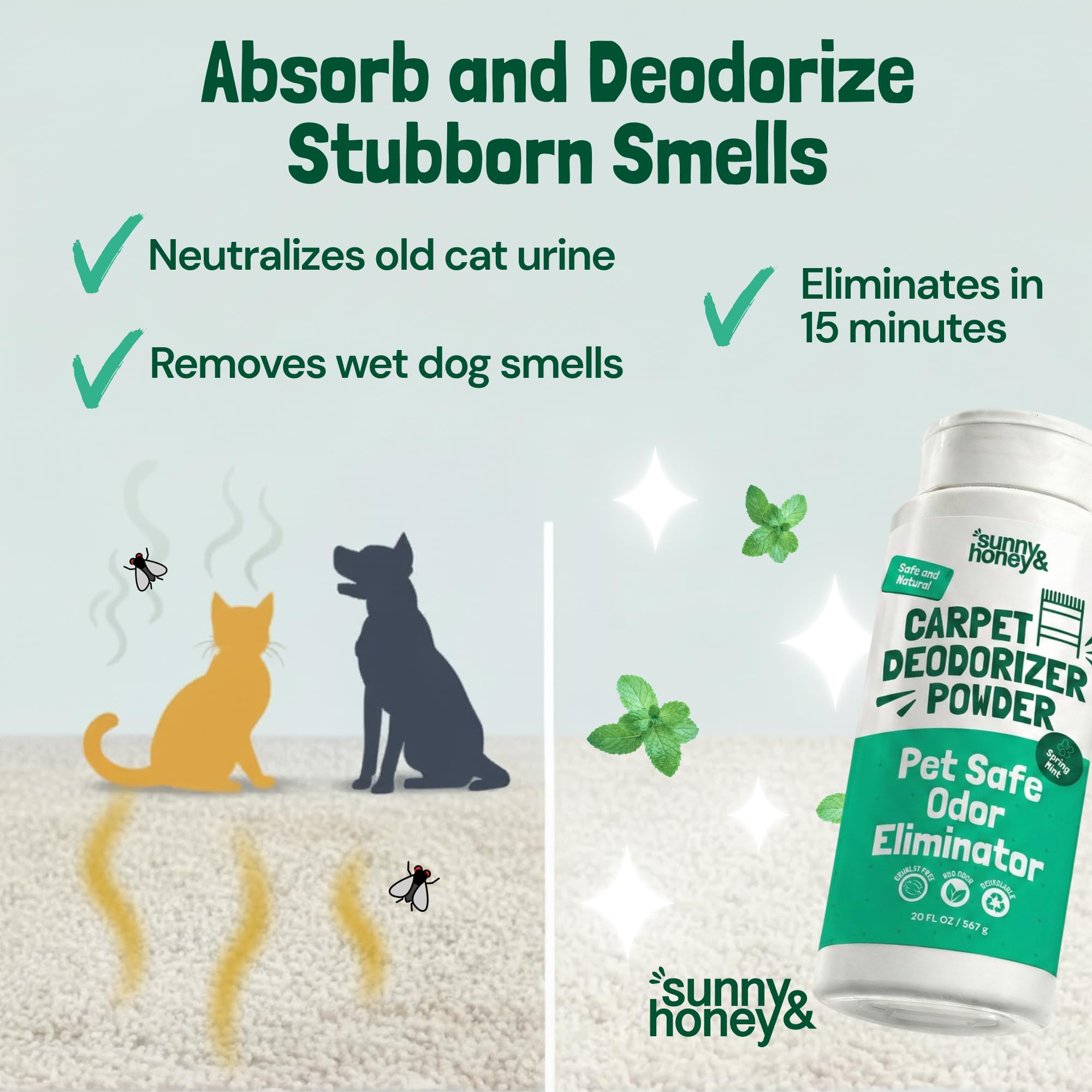 Sunny & Honey Carpet Deodorizer and Freshener Powder - Pet Safe Rug Refresher for Vacuuming - Mint Odor Eliminator for Strong Odor and Pet Urine (20