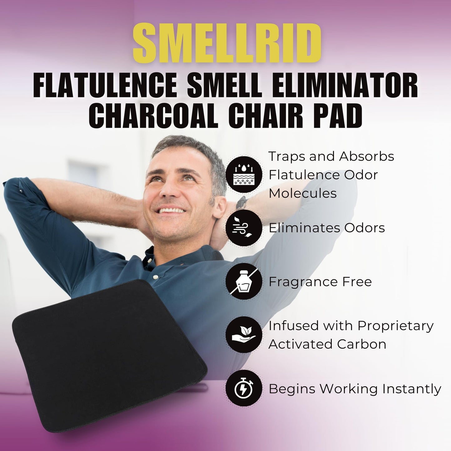 SmellRid Activated Carbon Chair Pad - 16” x 16” Flatulence Deodorizer Seat Cushion - Activated Charcoal Odor Absorber Seat Pad for Office Chair, Home