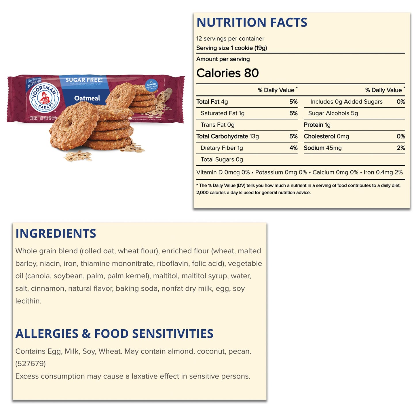 Voortman Sugar Free Cookies - Variety Pack - Oatmeal (1, 8oz packs) - Iced Almonette (1, 8oz) - Pecan Shortbread (1, 8oz) - Made with Real Ingredients