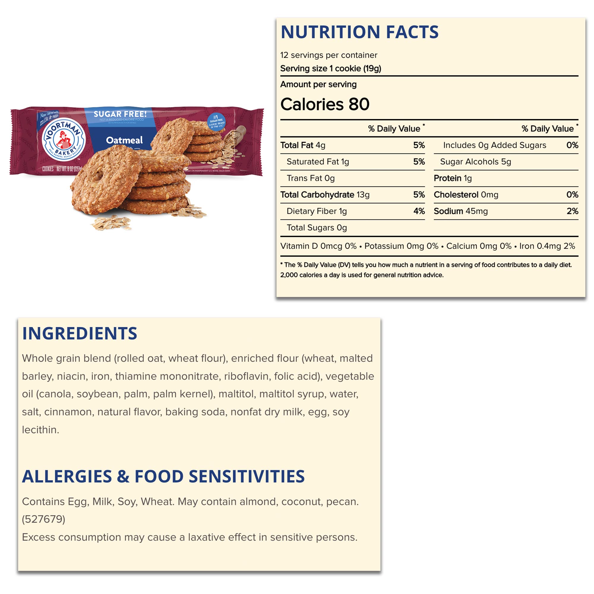 Voortman Sugar Free Cookies - Variety Pack - Oatmeal (1, 8oz packs) - Iced Almonette (1, 8oz) - Pecan Shortbread (1, 8oz) - Made with Real Ingredients