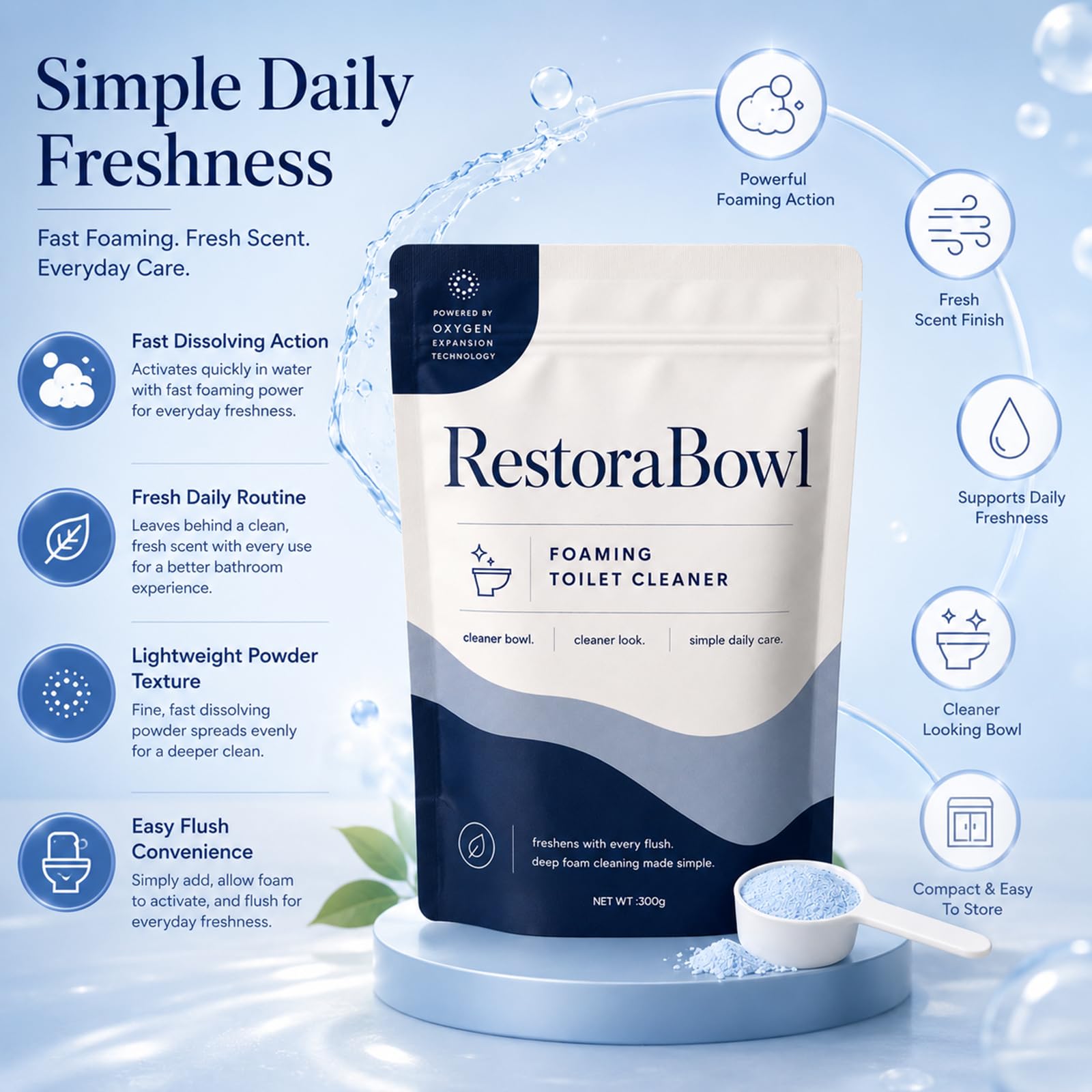 Restorabowl Foaming Cleaning Powder, Fresh Scent Daily Care Powder, Fast Dissolving Formula for Everyday Freshness, Easy Flush Use, 300g