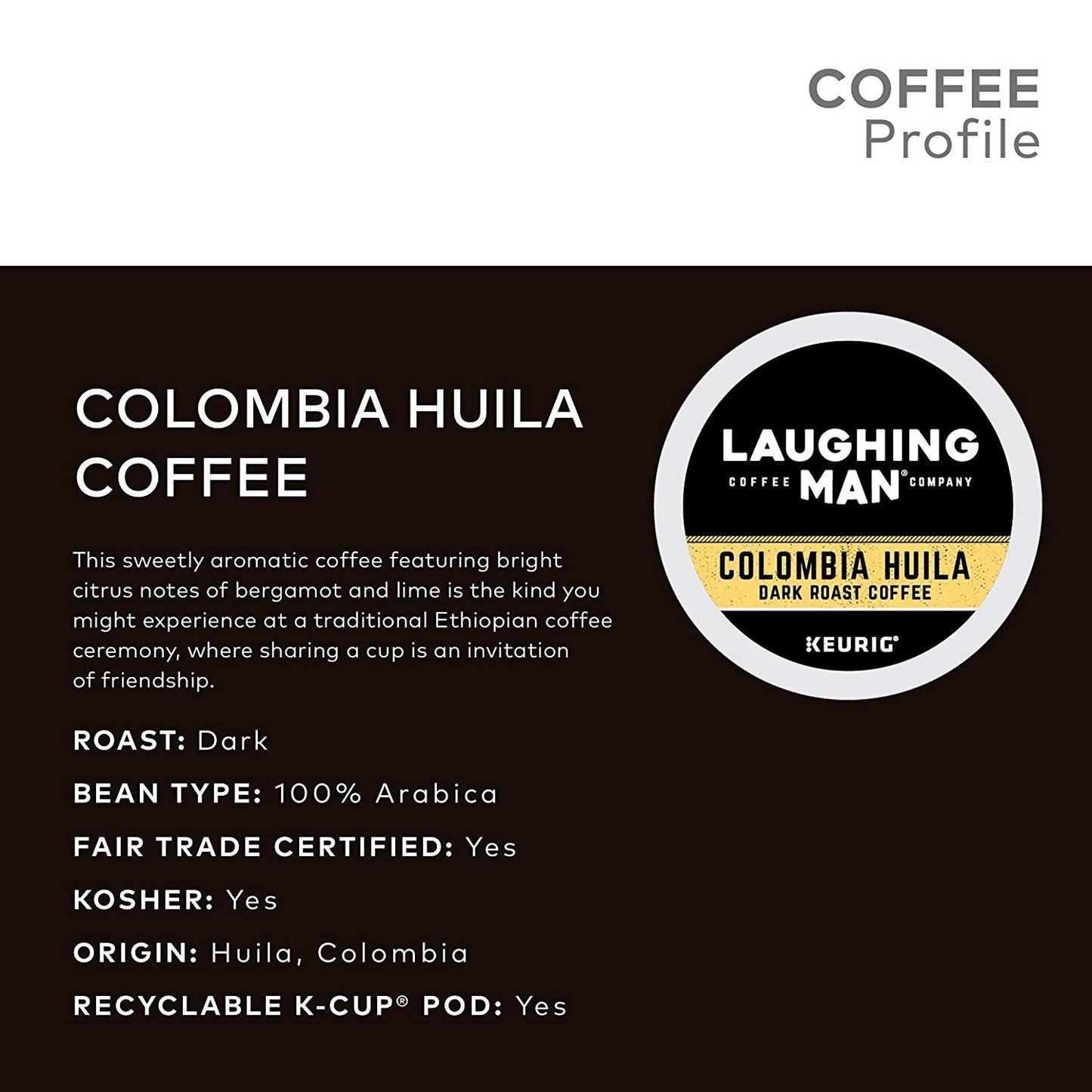 Laughing Man Colombia Huila Coffee Single-Serve K-Cups for Keurig Brewers, 16 Count