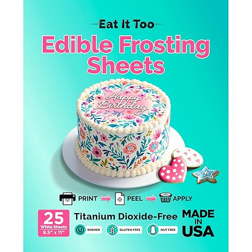 Edible Frosting Sheets Icing Paper - 8.5" x 11" - 25 Sheets - Made in USA - Easy Peel, Smooth Finish - For Cakes, Cookies & Cupcakes