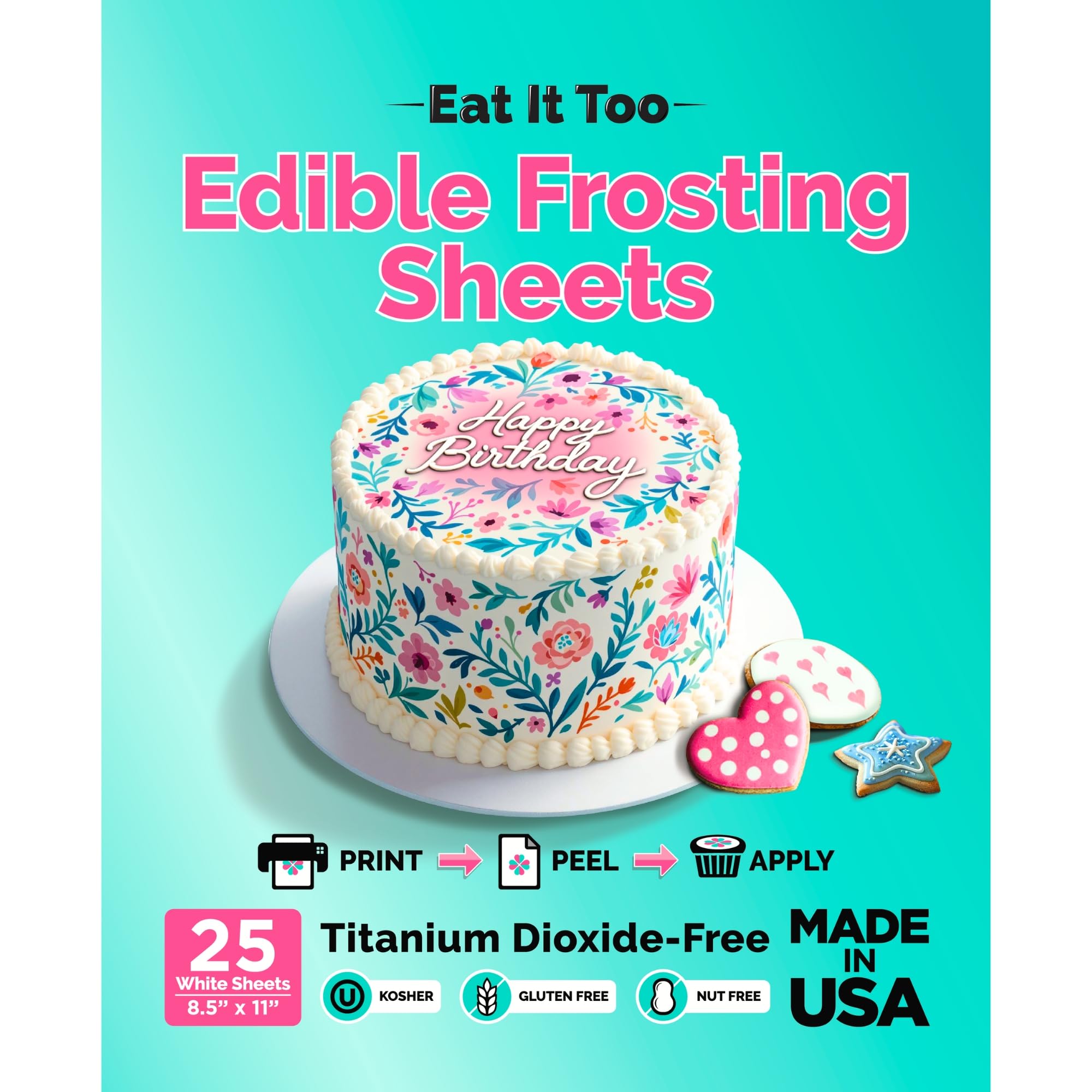Edible Frosting Sheets Icing Paper - 8.5" x 11" - 25 Sheets - Made in USA - Easy Peel, Smooth Finish - For Cakes, Cookies & Cupcakes