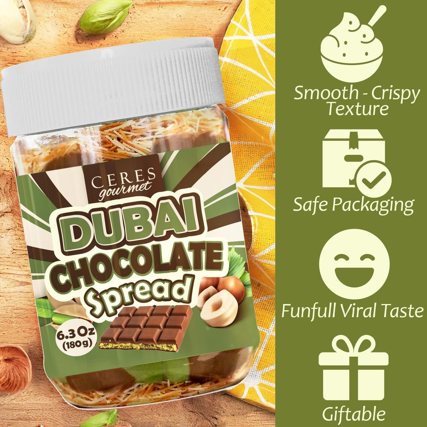 Dubai Chocolate Spread - 6.35 oz Jar with Pistachio, Kataifi & Gourmet Dubai Chocolate Filling for Pancakes, Breakfast, Snacks, and Desserts