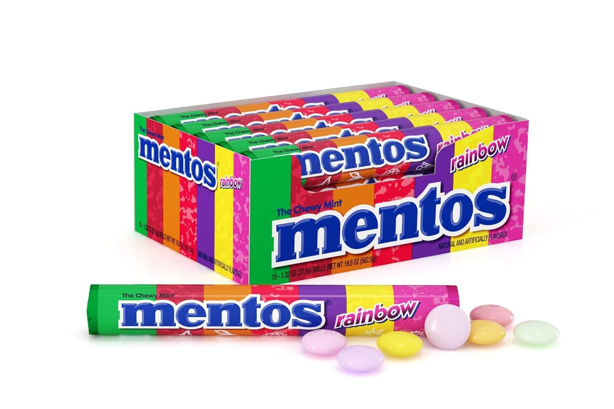 Mentos Chewy Mint Candy Roll, Rainbow Mint Candies, 14 Pieces Per Roll, 15 Count Party Pack