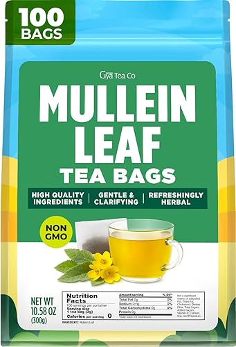 Gya Tea Co Mullein Leaf Tea Bags for Lungs (100 Bags) - Caffeine Free Mullein Herbal Tea for Health & Respiratory Wellness Support - No Additives