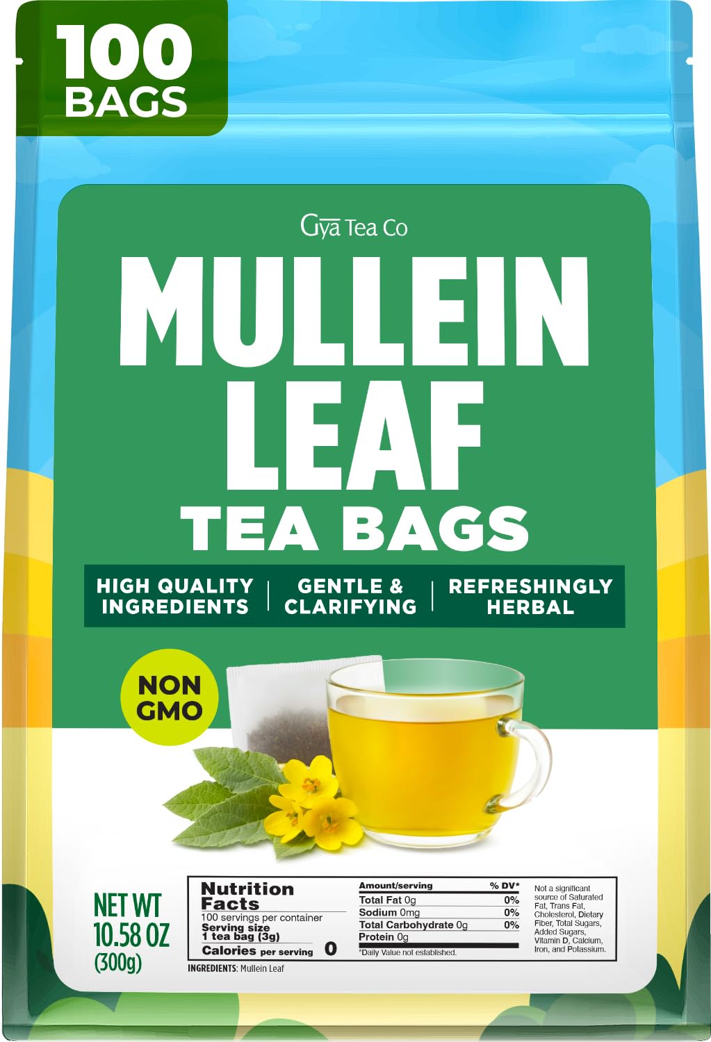Gya Tea Co Mullein Leaf Tea Bags for Lungs (100 Bags) - Caffeine Free Mullein Herbal Tea for Health & Respiratory Wellness Support - No Additives