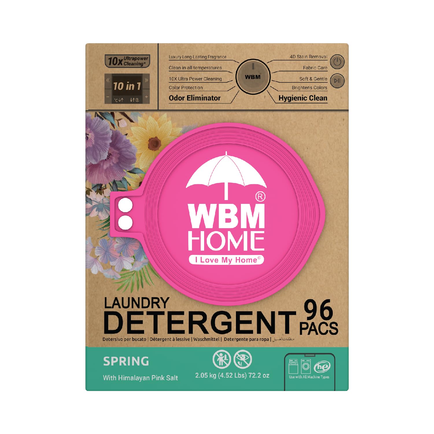 WBM Home Laundry Detergent Pods, Spring Fragrance Scent, 96 Count - HE Concentrated Laundry Pods With 10x Ultrapower Cleaning and 4D Laundry Stain