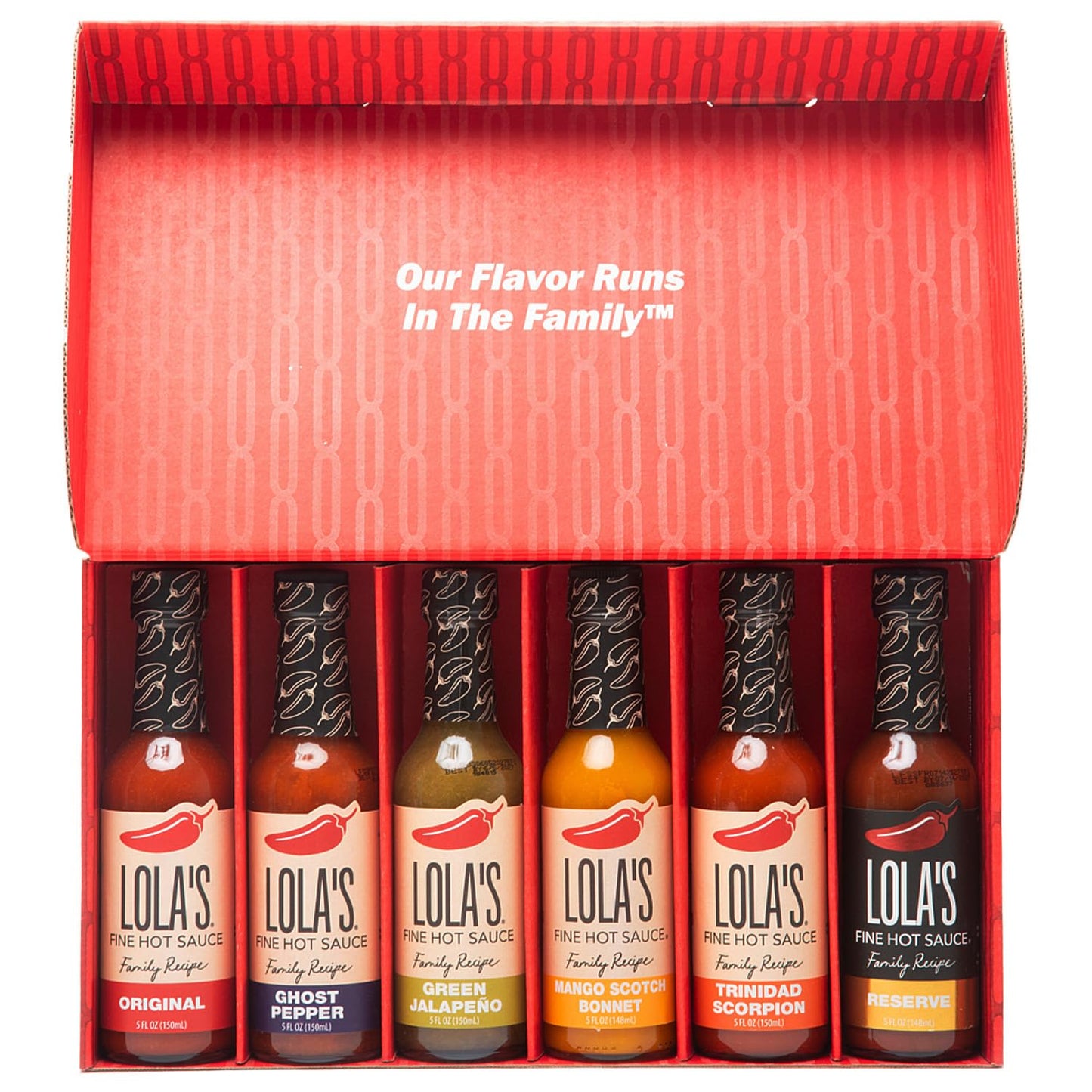 Lola's Fine Hot Sauce 6-Pack Gift Set, Includes Lola's Hot Sauce Original, Green Jalapeño, Ghost Pepper, Trinidad Scorpion, Mango Scotch Bonnet