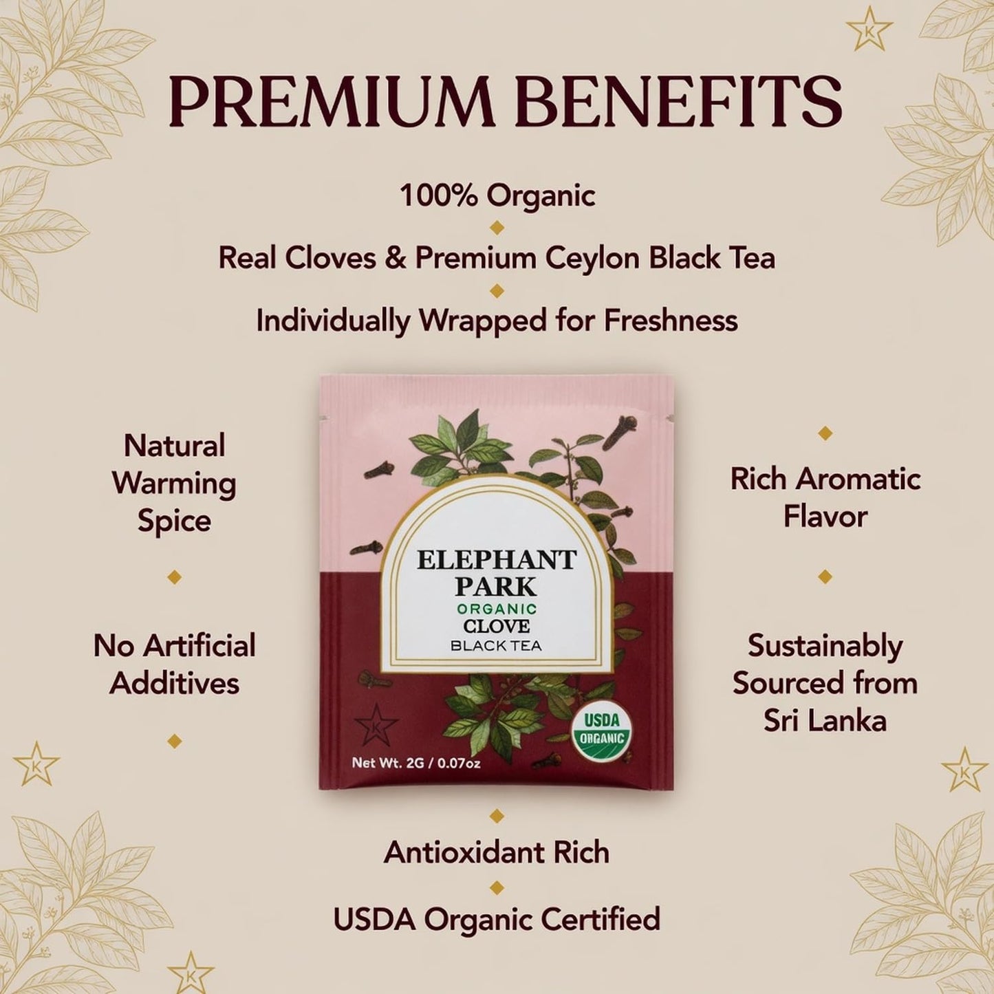 Elephant Park Premium Organic Single Origin Clove Black Ceylon Tea Bags 25 Count Individually Wrapped Herbal, All Natural Full Bodied Aromatic Flavor