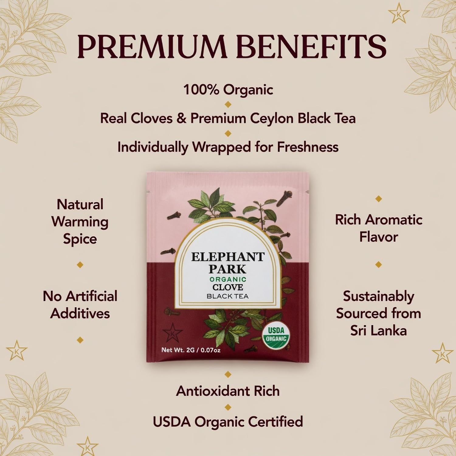 Elephant Park Premium Organic Single Origin Clove Black Ceylon Tea Bags 25 Count Individually Wrapped Herbal, All Natural Full Bodied Aromatic Flavor