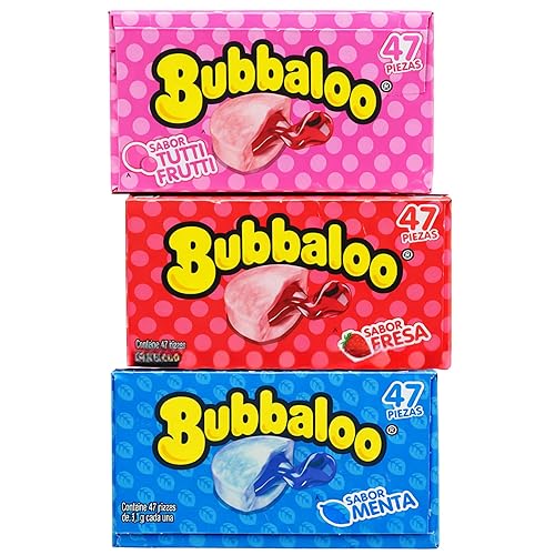 Bubbaloo Gum Variety Pack Box 47 Pieces Each (3 Boxes - Mint, Strawberry & Tutti Frutti) Liquid Center Chewing Gum Dulces Mexicanos Chicles Surtidos