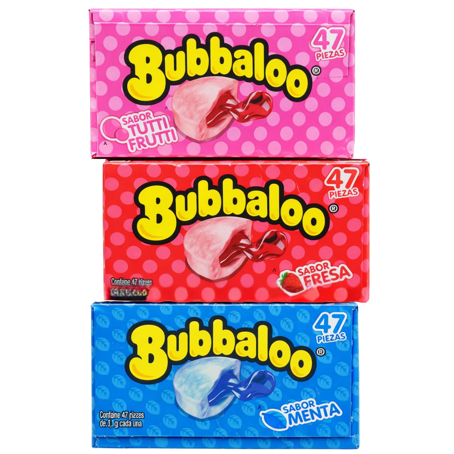 Bubbaloo Gum Variety Pack Box 47 Pieces Each (3 Boxes - Mint, Strawberry & Tutti Frutti) Liquid Center Chewing Gum Dulces Mexicanos Chicles Surtidos