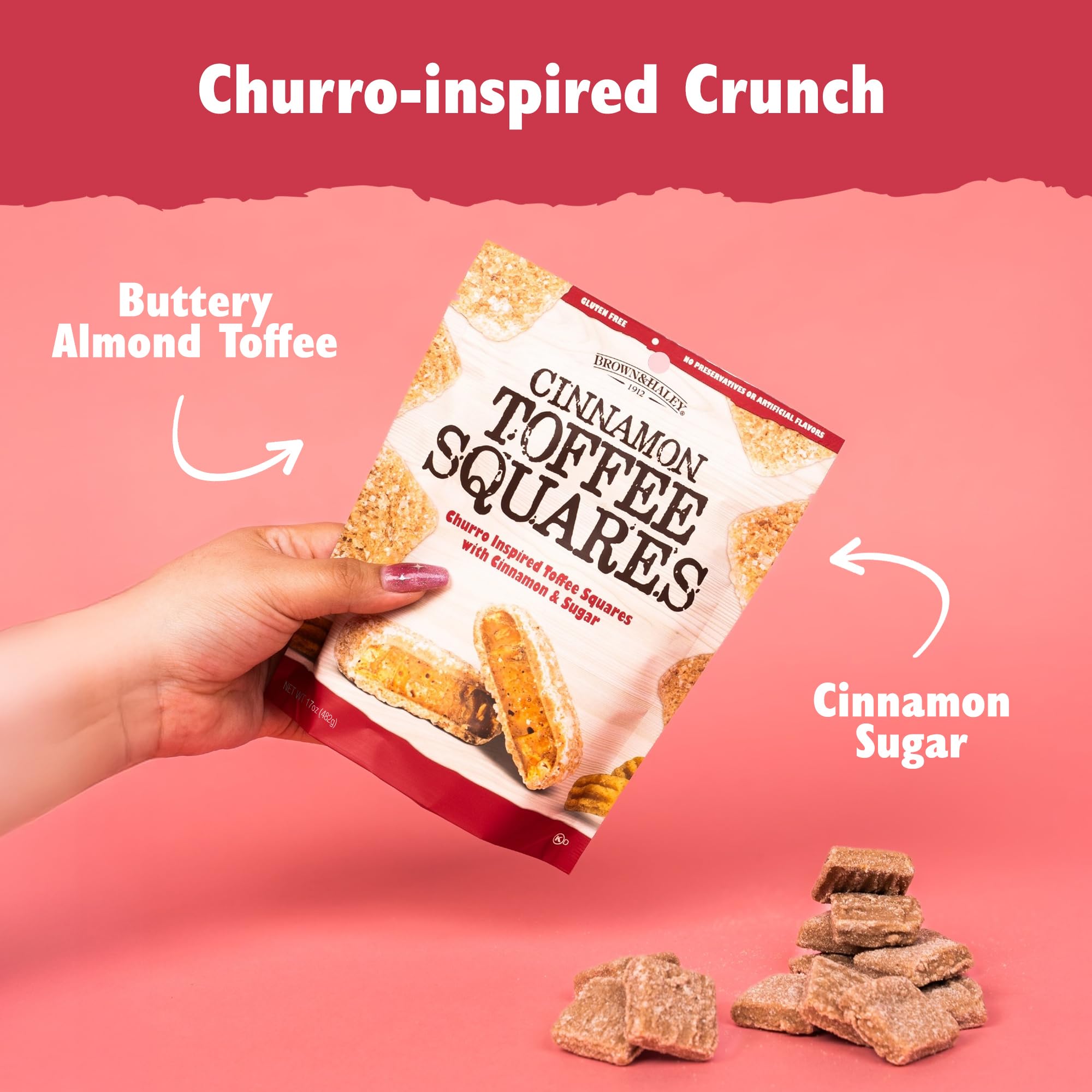 Brown & Haley Cinnamon Toffee Squares - 17oz Bag - Churro Inspired English Toffee Candy with Cinnamon, Sugar & Sea Salt - Gourmet Candy for Gifting