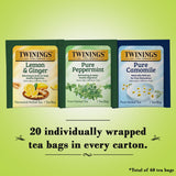 Twinings Herbal Tea Variety 3-Pack - Pure Peppermint, Pure Camomile + Lemon & Ginger Tea Bags, Naturally Caffeine-Free, 20 Count Each