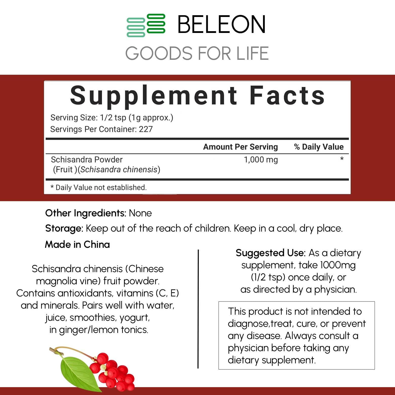 Beleon Goods For Life Schisandra Powder 8 oz - Direct Crushed Whole Berry, Supports Vitality & Daily Wellness
