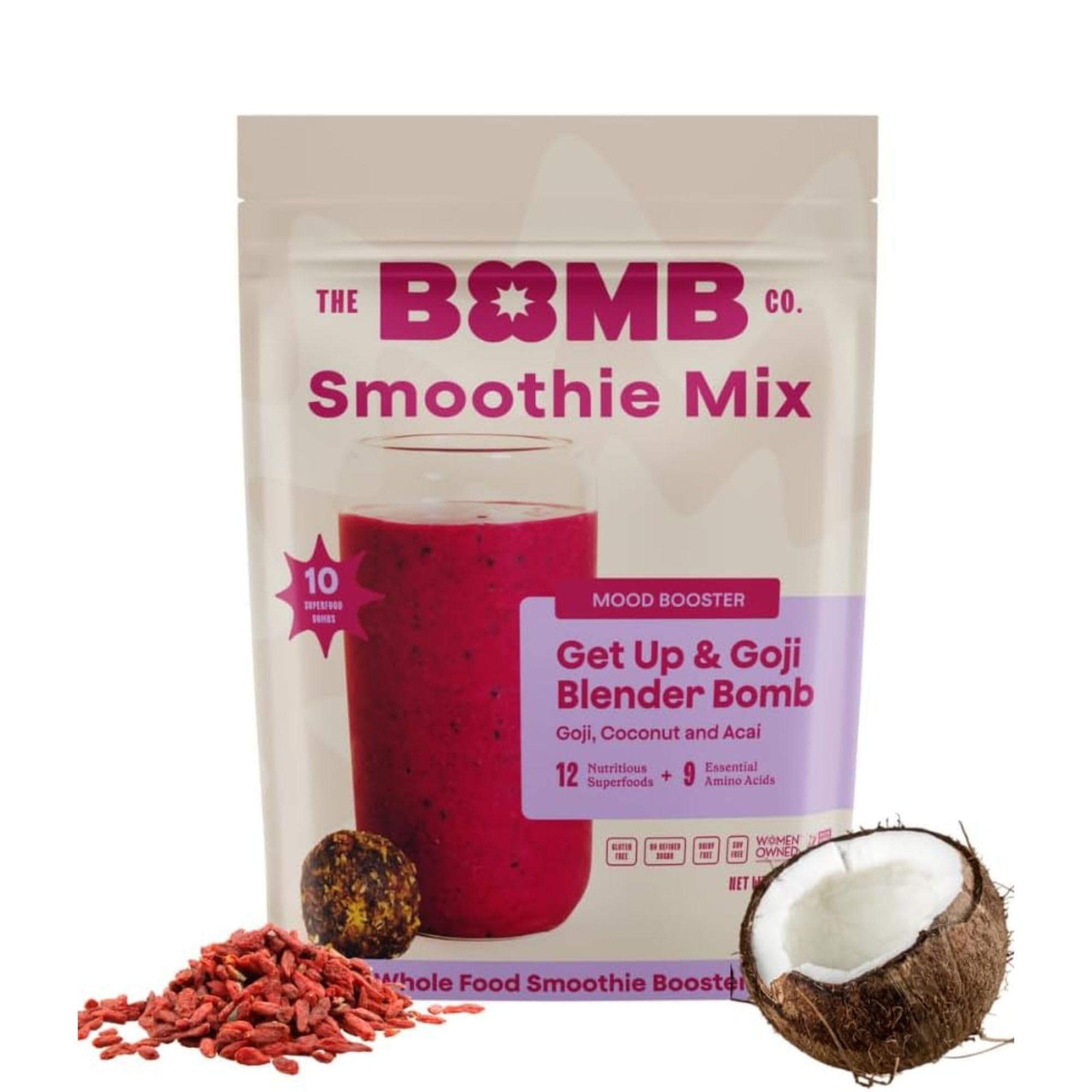 The Bomb Co. Blender Bomb, Get up & Goji, Superfood Smoothie Mix With Goji Berries, Hemp, Flax, Chia Seeds & Amino Acids, Gluten Free, High Fiber, 10