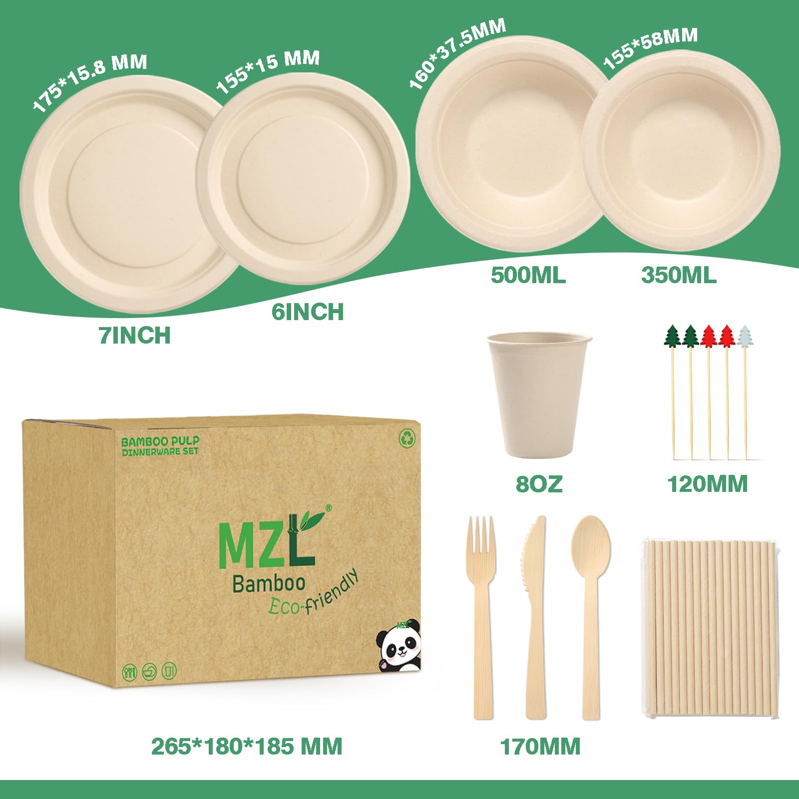 200pcs Compostable Paper Set Eco-friendly Heavy-duty Disposable Plates Cutlery Utensils, Bamboo Plates Bowls Forks Knives Spoons Cups Straws fruit