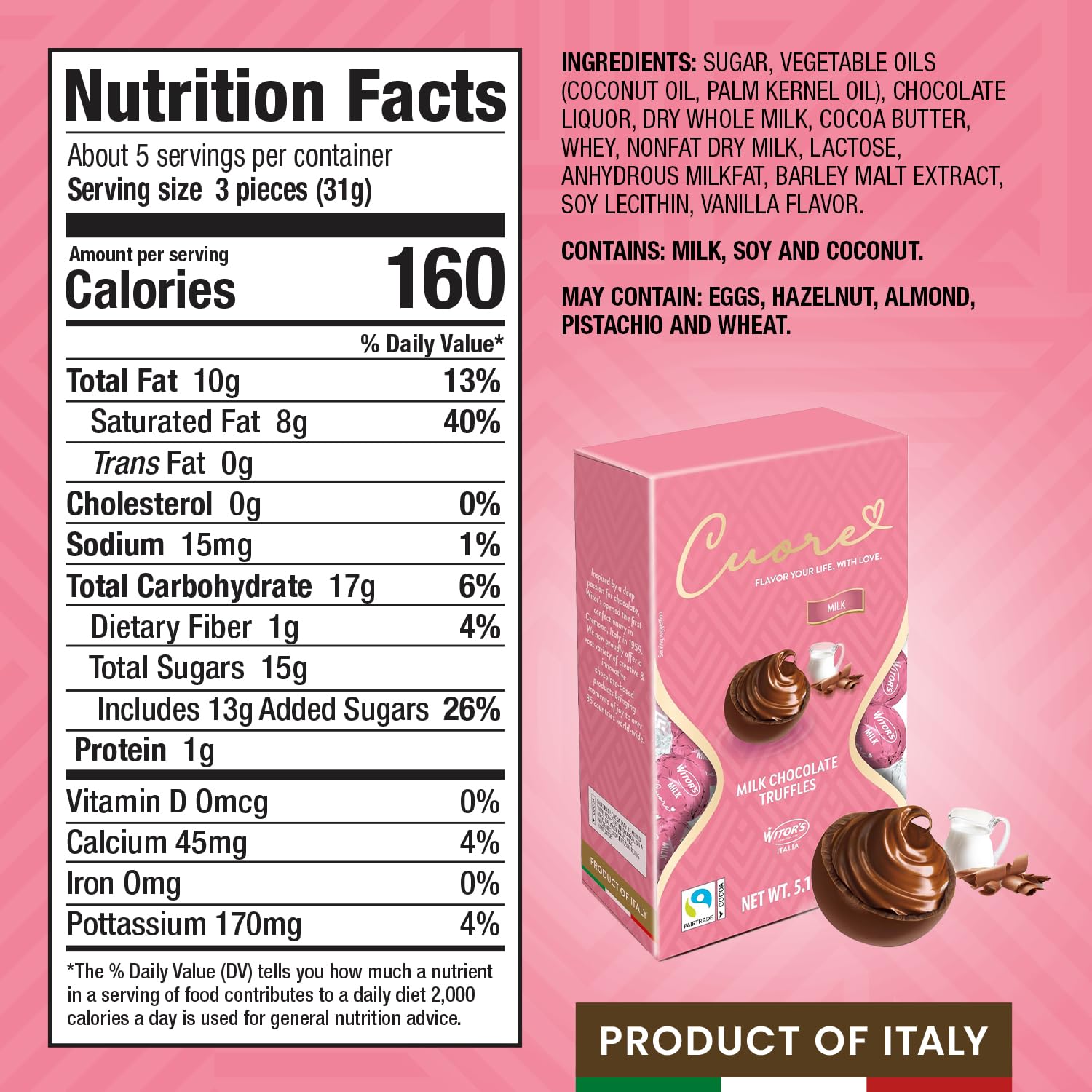 Witor's Chocolates, Cuore Chocolate Truffles with Creamy Filling, Italian Truffles, Made in Italy, Perfect for Gifting (5.11 Ounce, Milk Chocolate)
