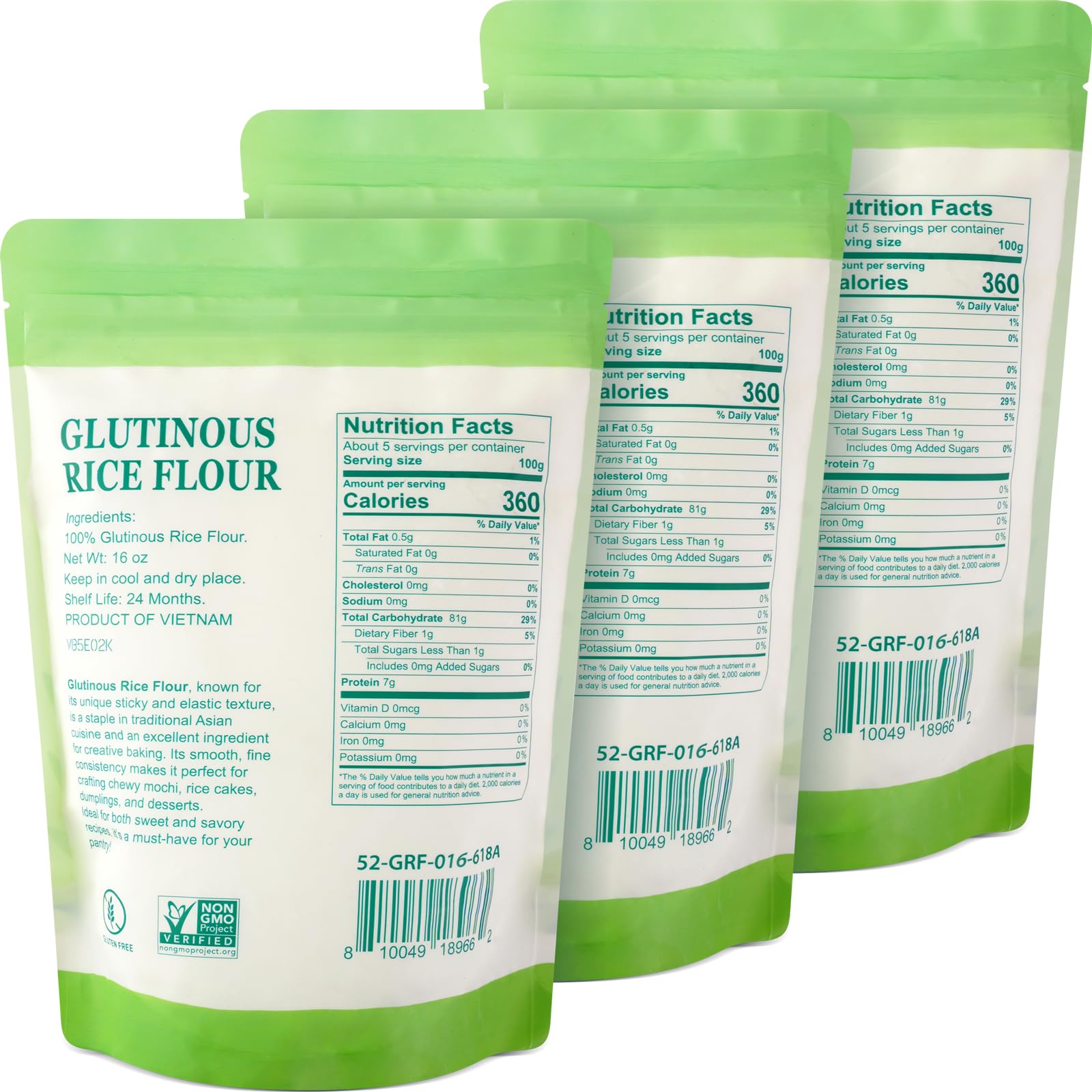 52USA Glutinous Rice Flour 48 Ounce (Basic), 1 Pound (Pack of 3), Rice Flour for Baking or Cooking, Product of THAILAND, All Natural White Rice Flour