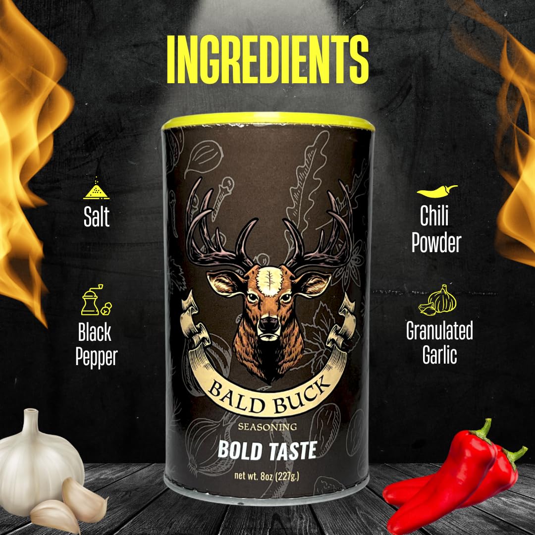 Bald Buck Seasoning Pack of 2, 8 Oz (1 Bold Taste + 1 Slow Burn) | Rib Rub BBQ Chicken Seasoning | BBQ Seasoning and Rub | Rotisserie Chicken