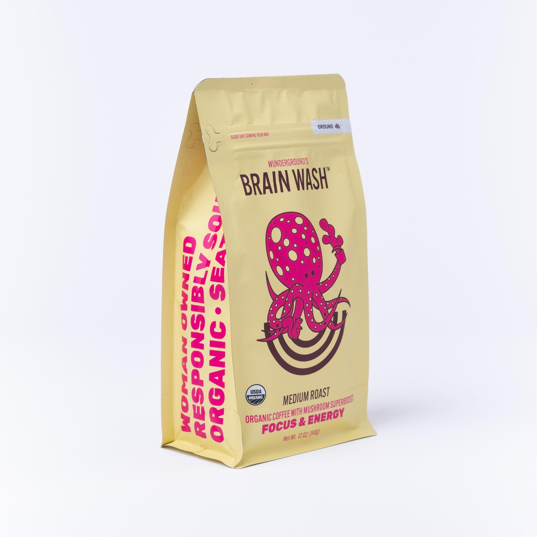 Wunderground's Brain Wash Medium Roast Organic Ground Coffee with Mushroom SuperBoost (12 oz Bag)