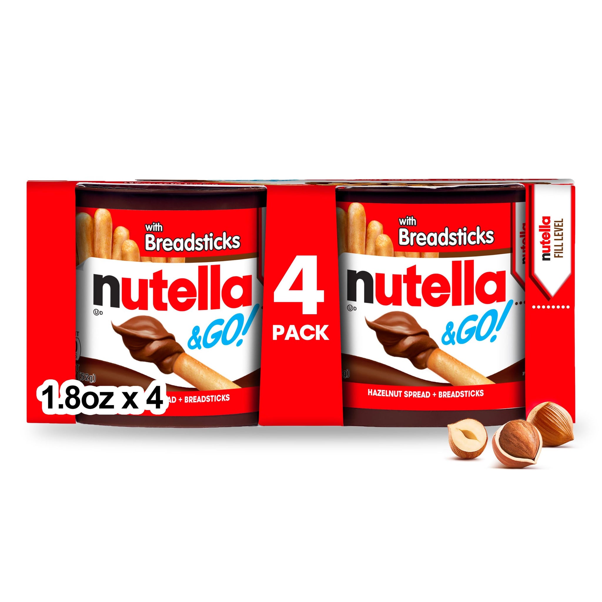 Nutella & GO! Chocolate Hazelnut Spread with Cocoa + Breadsticks, 4 Snack Packs, 1.8 oz Each