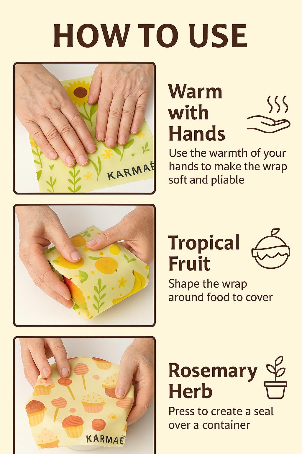 KARMAÉ Reusable Beeswax Food Wraps - 3 Pack & Roll (16.9"-39") | Sustainable Eco-Friendly Wraps for Food Storage | Natural Beeswax Wraps with Seed