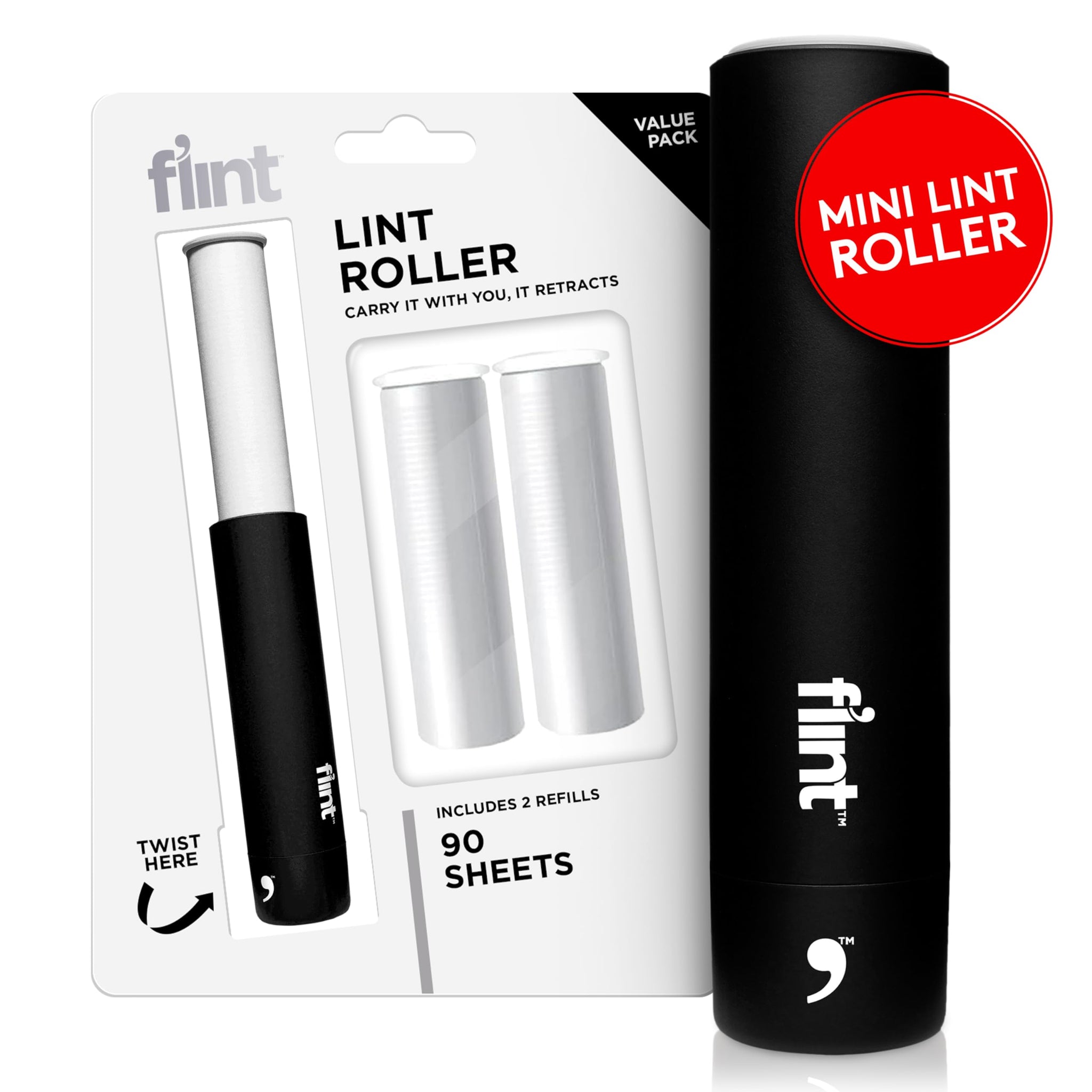 Flint Classic Black Retractable Mini Lint Roller with 90 Extra Sticky Sheets, Small and Portable Lint Roller, Ideal Pet Hair Remover, Travel Lint