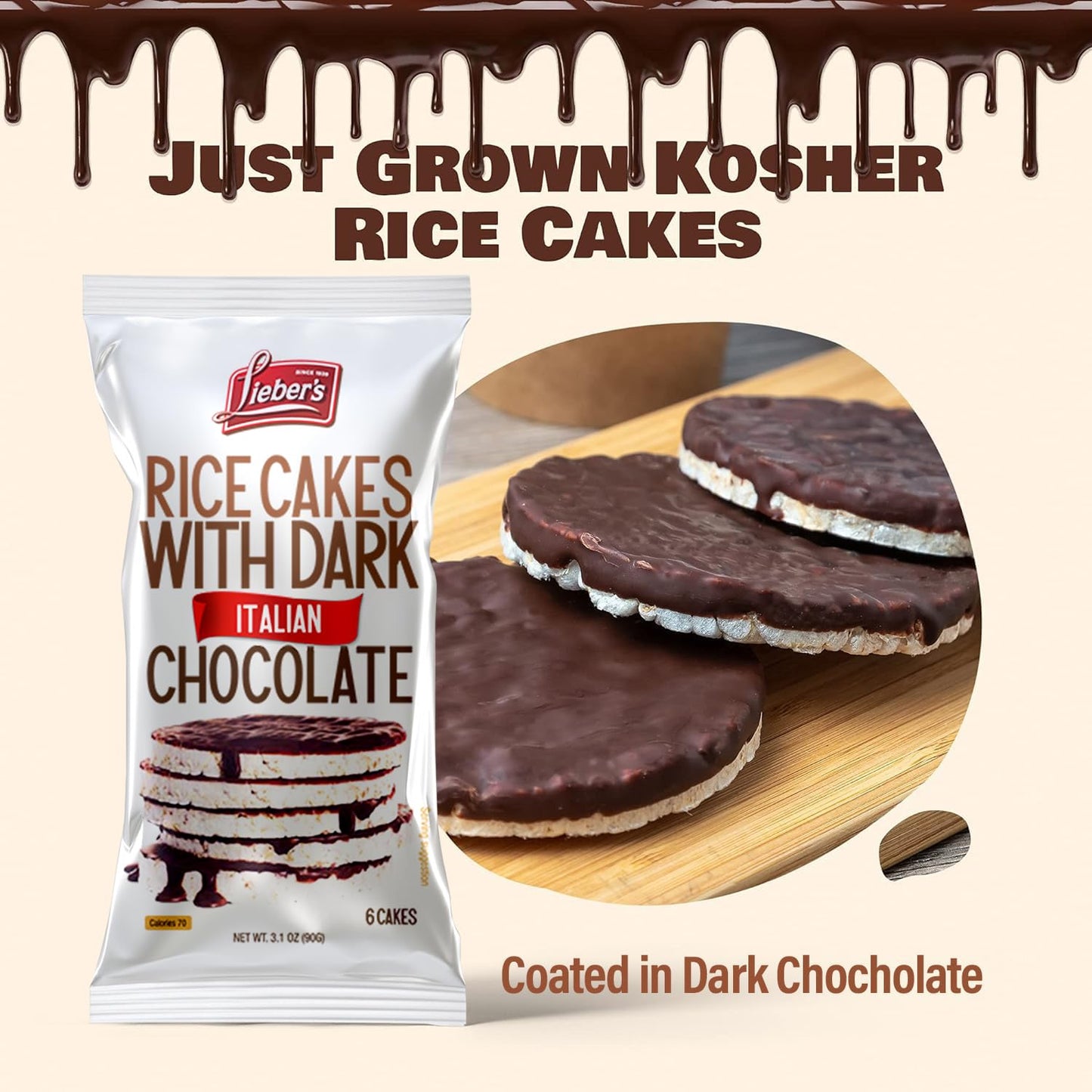 LIEBERS Dark Chocolate Rice Cakes, Kosher Certified Dairy Free, Gluten Free Snack (Dark Italian Chocolate) Pack Of 3