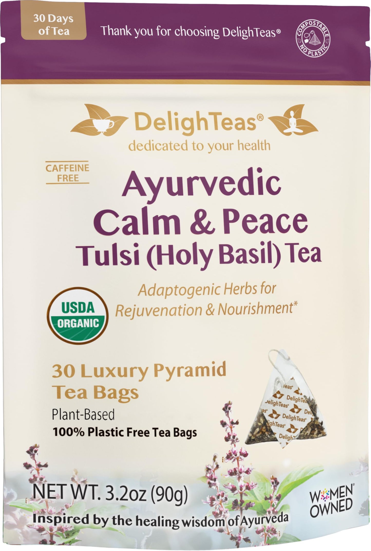 DelighTeas Tulsi Holy Basil Tea | Eco-Conscious Pyramid Tea Bags | Ayurvedic Tulsi, Ashwagandha Adaptogen Blend | USDA Organic, Caffeine Free, Kosher