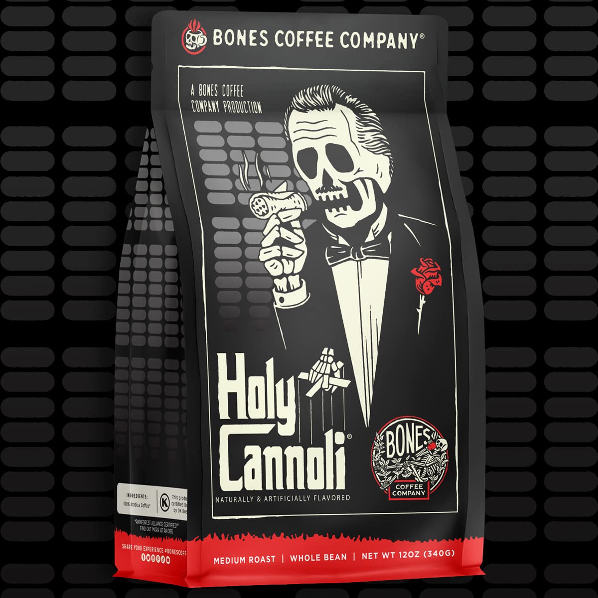 Bones Coffee Company Holy Cannoli, Baked Cannoli Flavored Coffee, Medium Roast Low Acid Arabica Beans Compatible with Auto drip and French Press