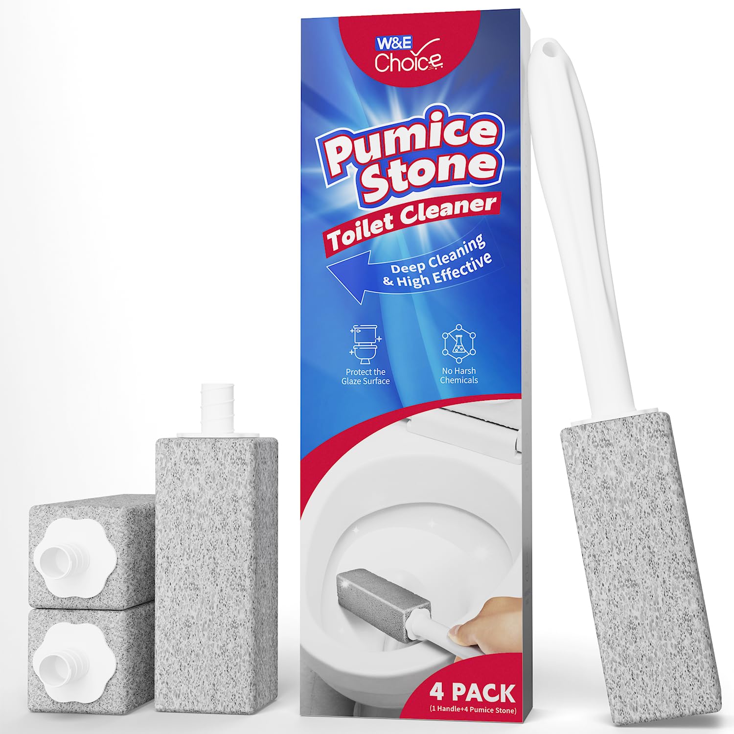 W&E Choice Toilet Pumice Stone 4 Pack, Pumice Stone for Bathroom Cleaning with Extra Long Handle, Toilet Brush for Removing Hard Water Stains