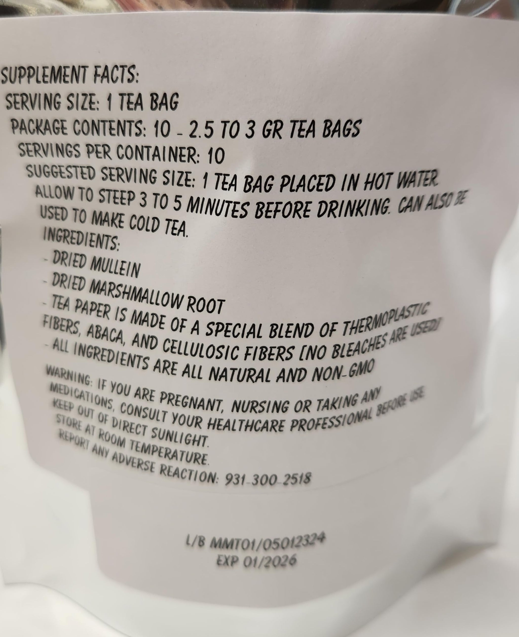 Mullein Leaf Marshmallow Root Blend Tea Bags - All Natural Wildcrafted (10)