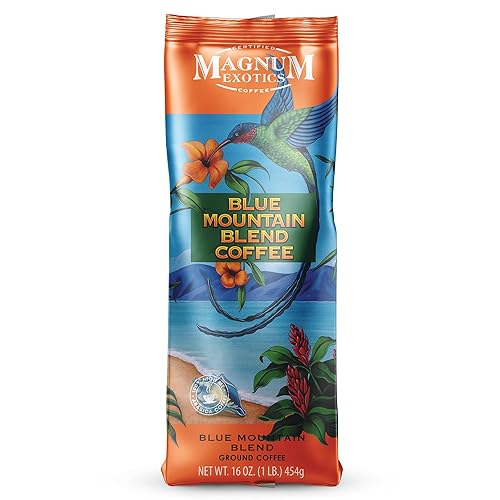 Magnum Exotics, Blue Mountain Coffee Blend - Medium-Light Roast Ground Coffee, Made from 100% Arabica Beans, Rich & Smooth Flavor, Fresh Roast - Blue