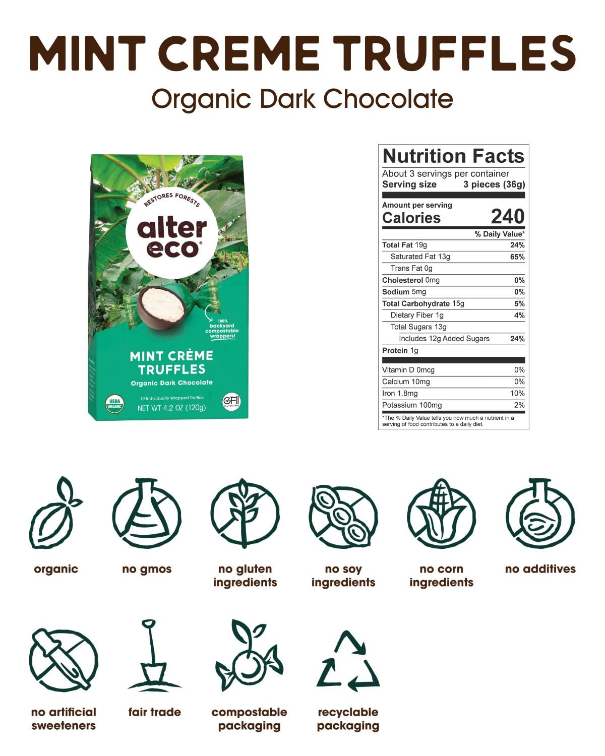 Alter Eco | Mint Créme Truffles | 58% Pure Dark Cocoa, Fair Trade, Organic, Non-GMO, Gluten Free Dark Chocolate Truffles | 10 Truffles