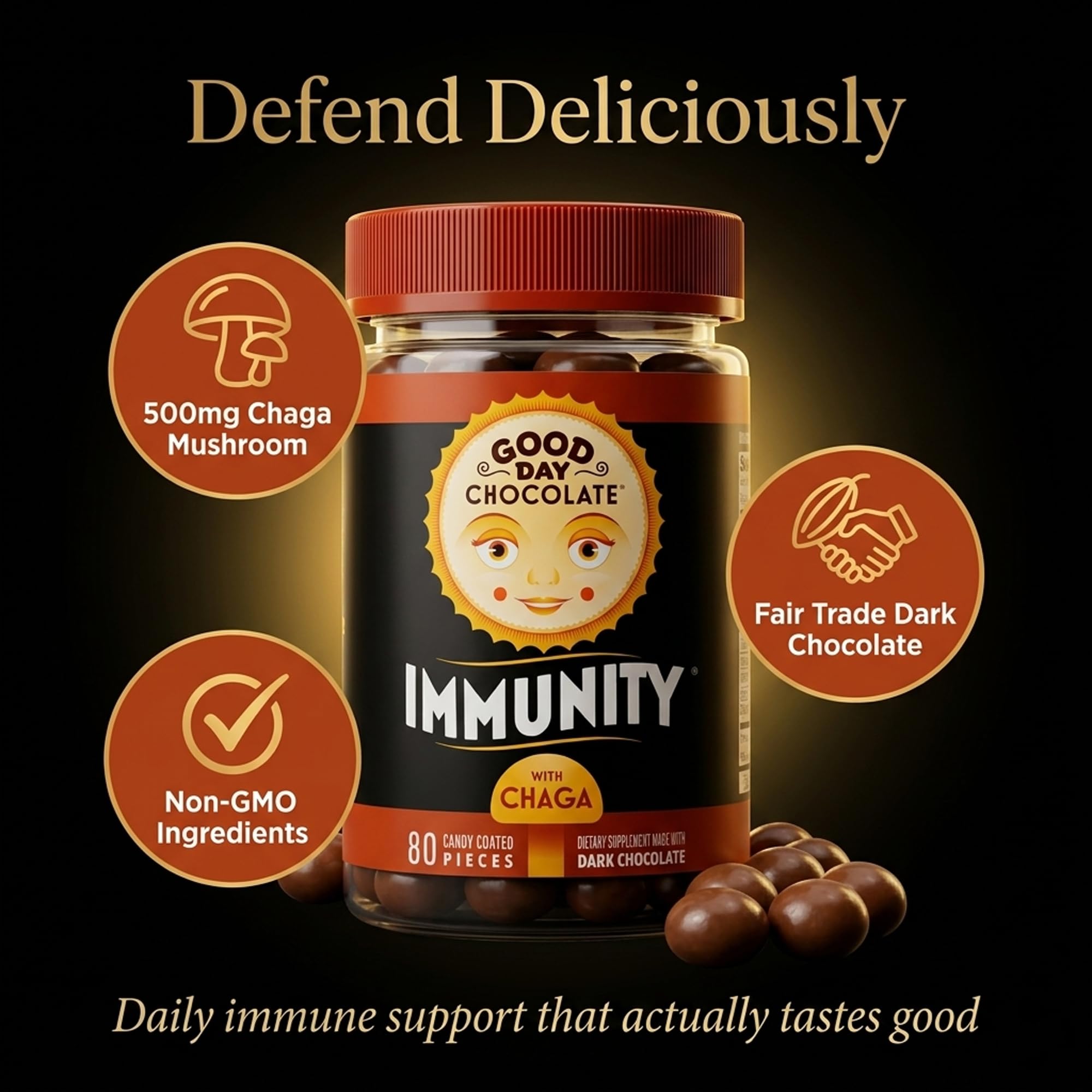 Good Day Chocolate Immunity - Dark Chocolate with Elderberry, Zinc & Chaga Mushroom for Immune Support - Easy Daily Chocolate Supplement - 80 Count