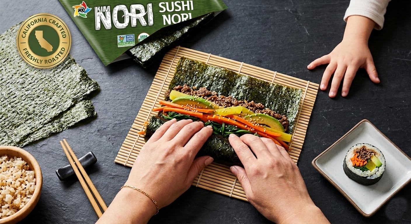 Kimnori Organic Roasted Seaweed Sushi Nori Sheets (10 sheets, 25g) - Professional Grade Full Size Nori for Sushi & Kimbap - California Crafted, Keto