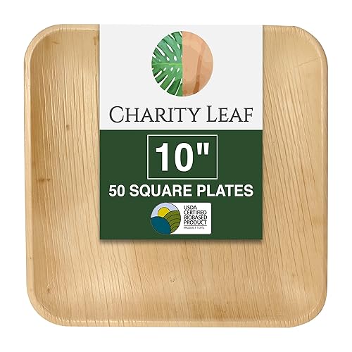 Charity Leaf Compostable 10" Square Palm Leaf Dinner Plates (50-pack) | Premium, 100% Natural, Disposable, Heavy Duty | Perfect for Parties, Weddings