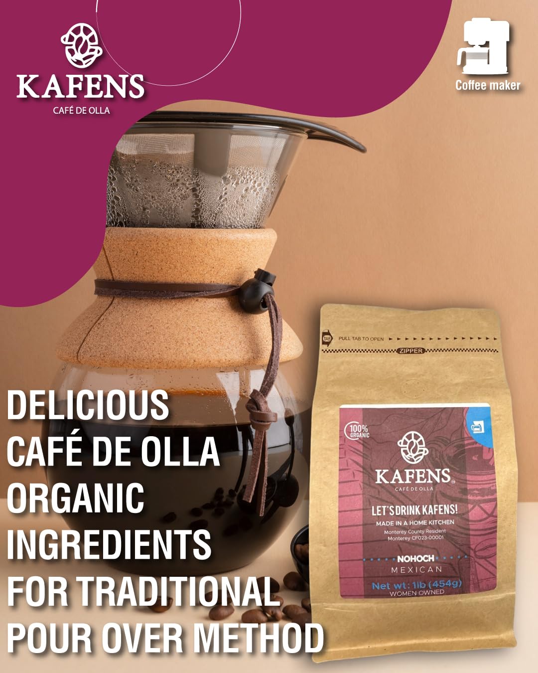 NOHOCH: Cafe De Olla, 100% Organic ingredients, Mexican Medium Roast Ground Coffee, Piloncillo (unprocessed cane sugar) and Ceylon cinnamon, in a 1lb